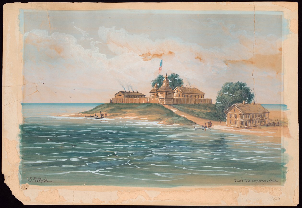 Fort Dearborn i 1803 (akvarell) av C. E. Petford