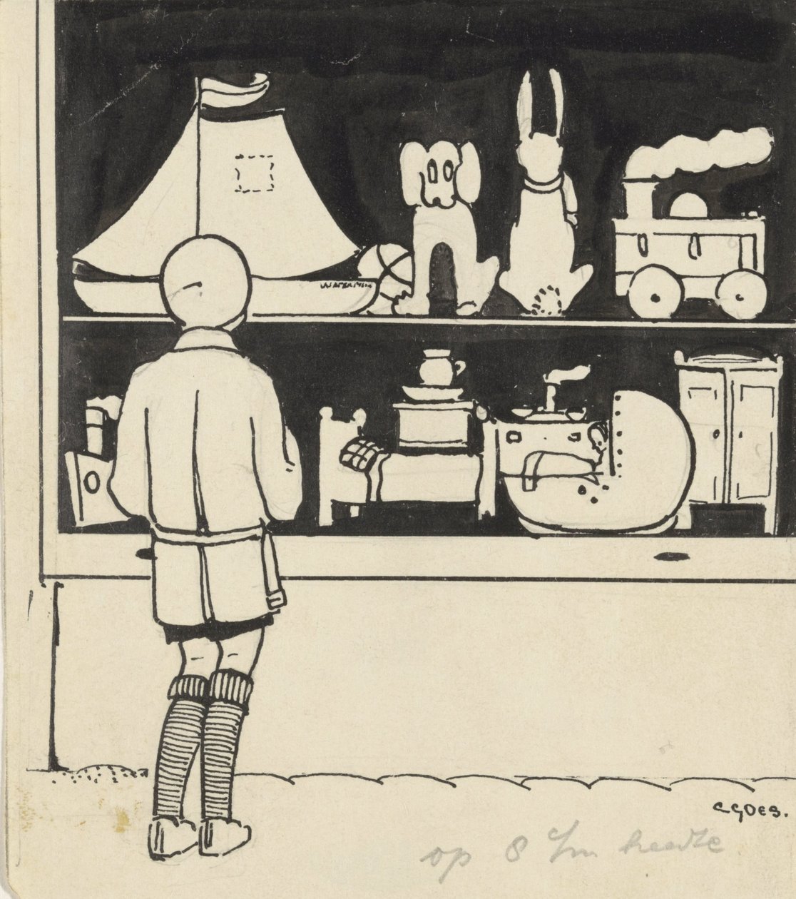 Dick ser på vinduet til en leketøysbutikk av C. Goes (signed by artist)