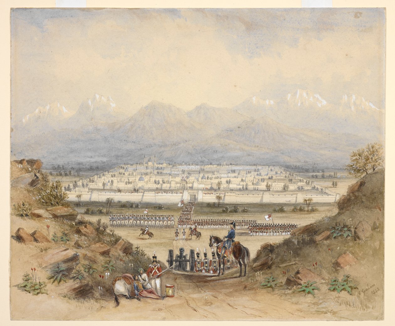 En general som anmelder kavaleri og infanteri, som er i ferd med å gå inn i en by med murer i et fjellrikt land, kanskje Kandahar (N.W.F.P.). 1843, etter en tidligere skisse. av C. Graham