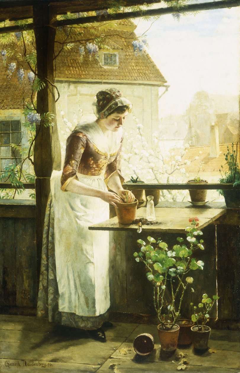 Kvinne som potter blomster, 1890 av C. Hendrick Nordenberg