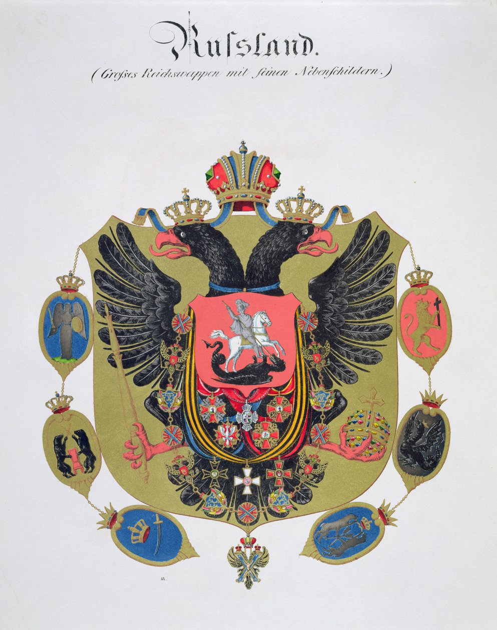 Våpen og skjold fra staten det keiserlige Russland, fra en samling av akvareller utgitt i Tyskland, ca. 1830-33 av C. Hildebrandt