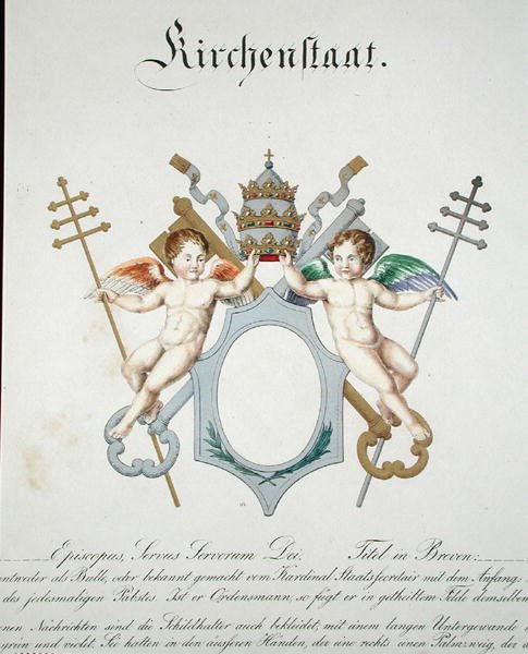 Arms of the Church State of the Vatican, fra en samling av akvareller utgitt i Tyskland, ca. 1830-33 (farge litho) av C. Hildebrandt