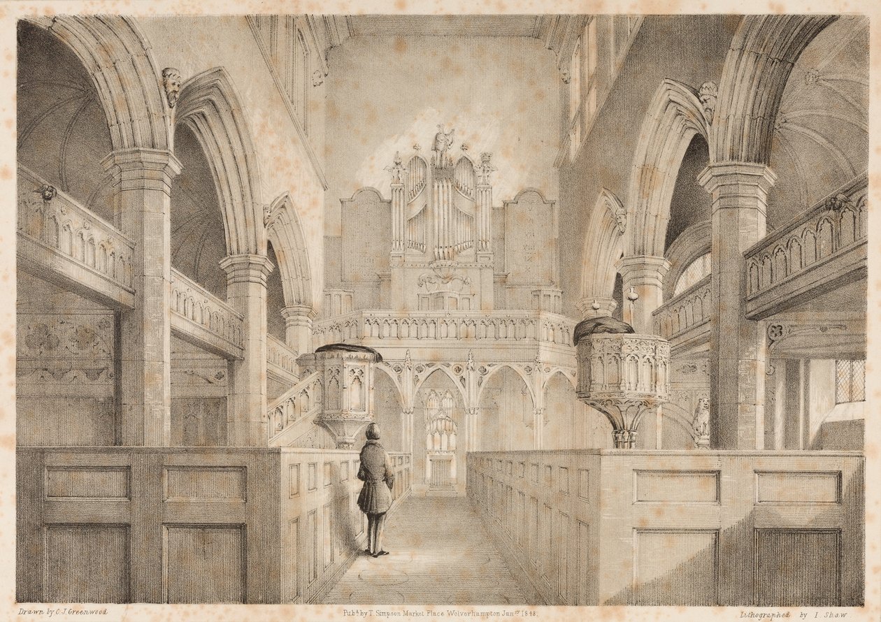 Interiøret til St. Peters, Wolverhampton, gravert av I. Shaw, 1848 av C. J. Greenwood