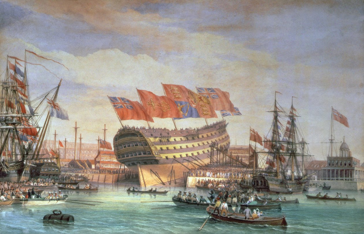 Lanseringen av HMS "Trafalgar" i Chatham, juli 1820 av C. John Mayle Whichelo