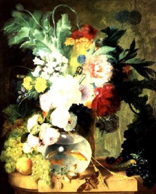 Stilleben med blomster og fiskebolle (olje på panel) av C. Kuipers