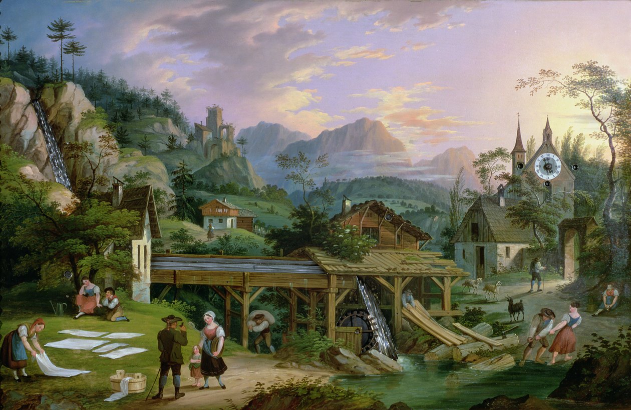 Bilde Klokke med scene av et alpint landsbylandskap med klokkemekanisme i kirketårnet, 1833 (olje på jernplate) av C. L. Hoffmeister
