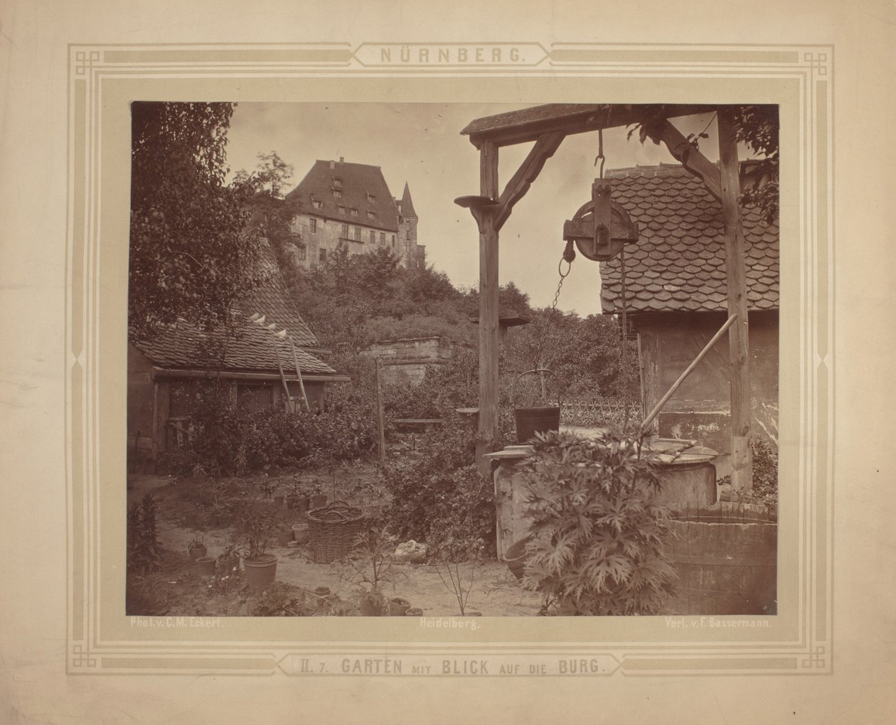 Heidelberg - Utsikt over slottet fra hagen, ca. 1870 (albumtrykk på kartongfeste) av C. M. Eckert