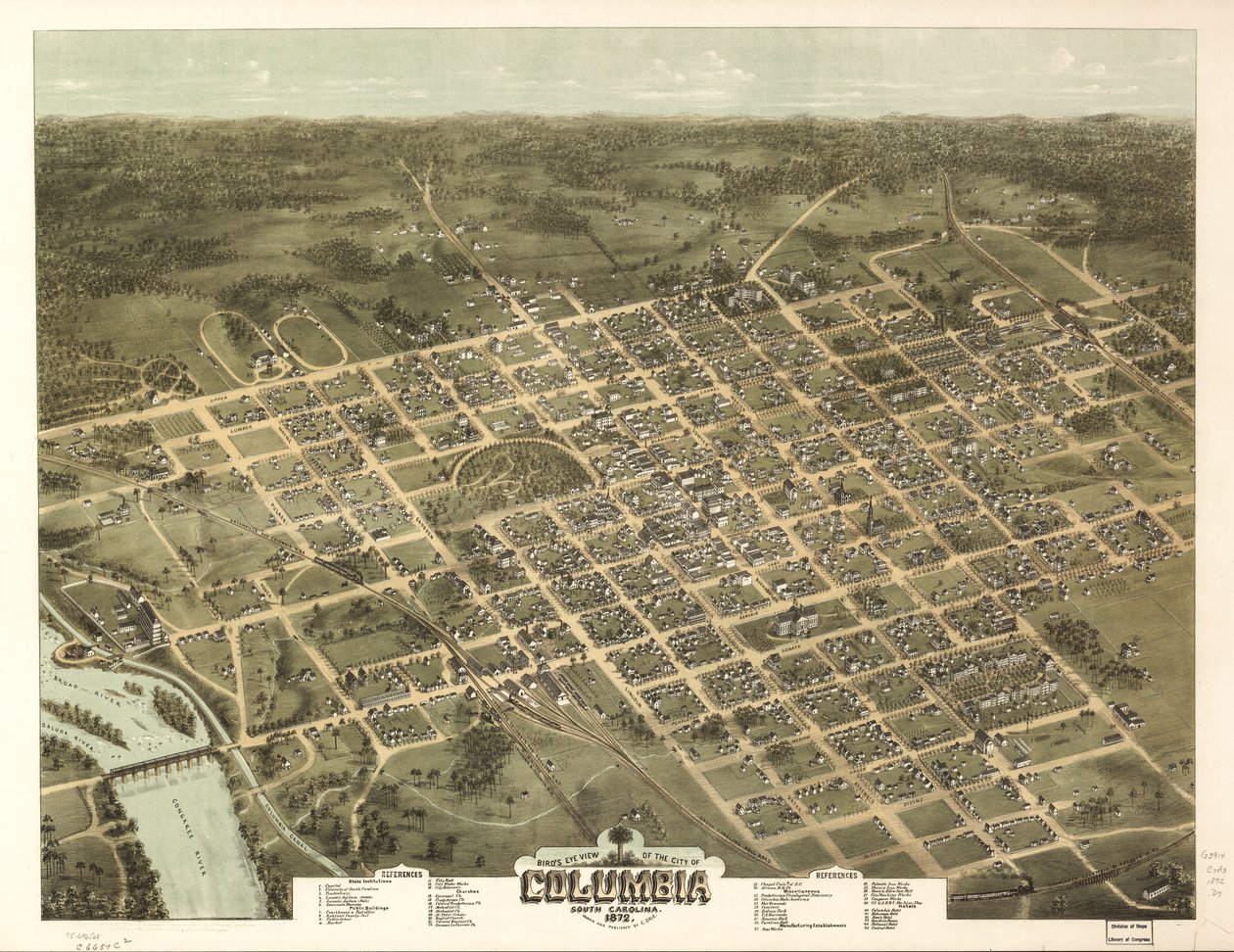 Fugleperspektiv av byen Columbia, South Carolina 1872. av C. N. Drie