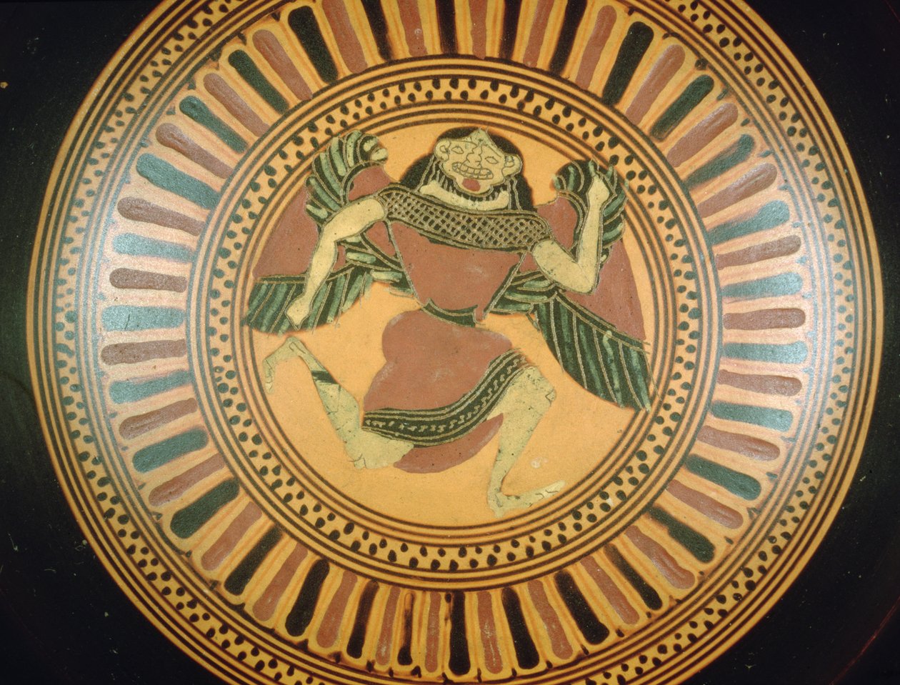 Attisk kopp med svart figur dekorert med en løpende gorgon (keramikk) av C Painter
