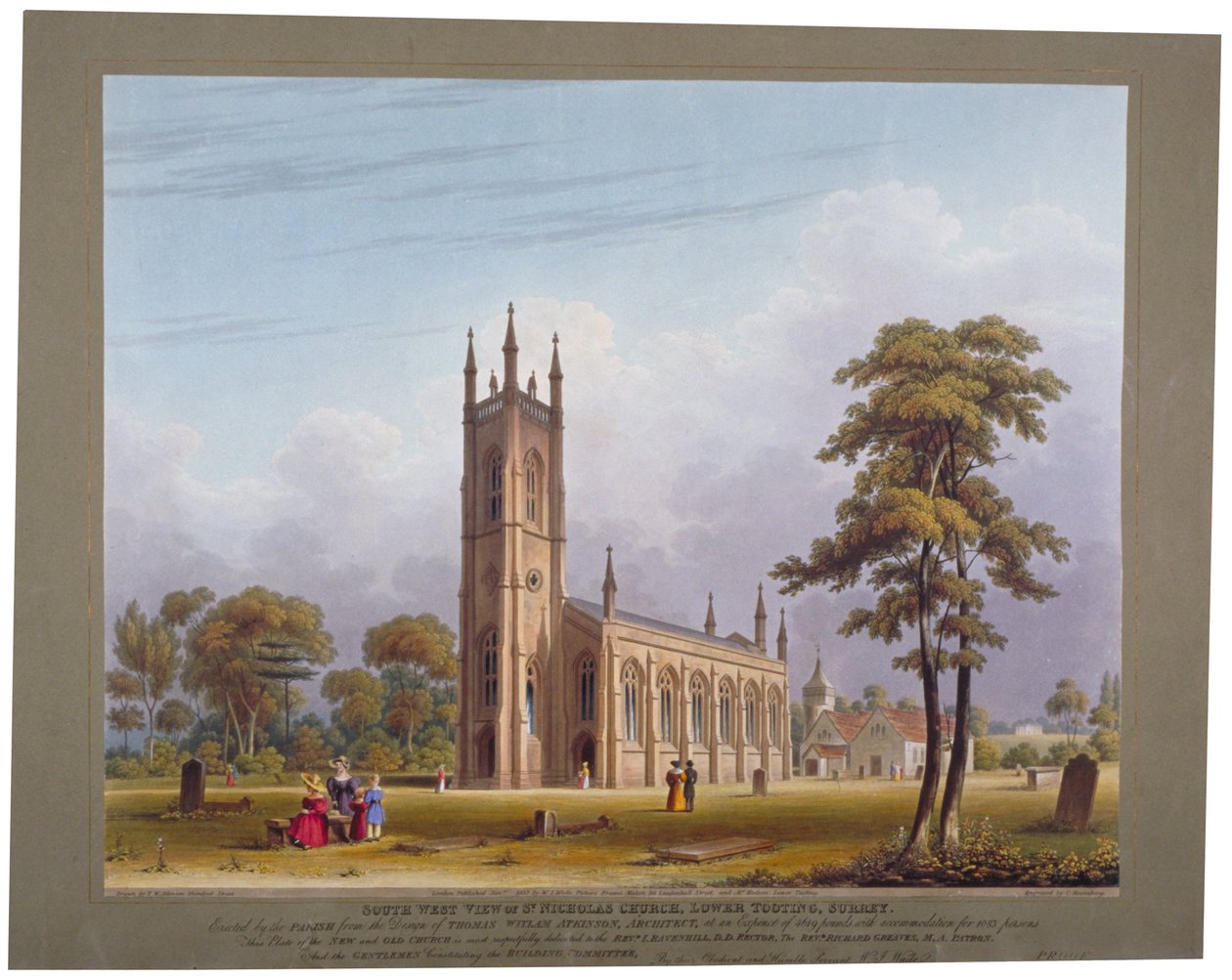 Sør-vest utsikt over St Nicholas Church, Tooting, London, 1832. av C Rosenberg