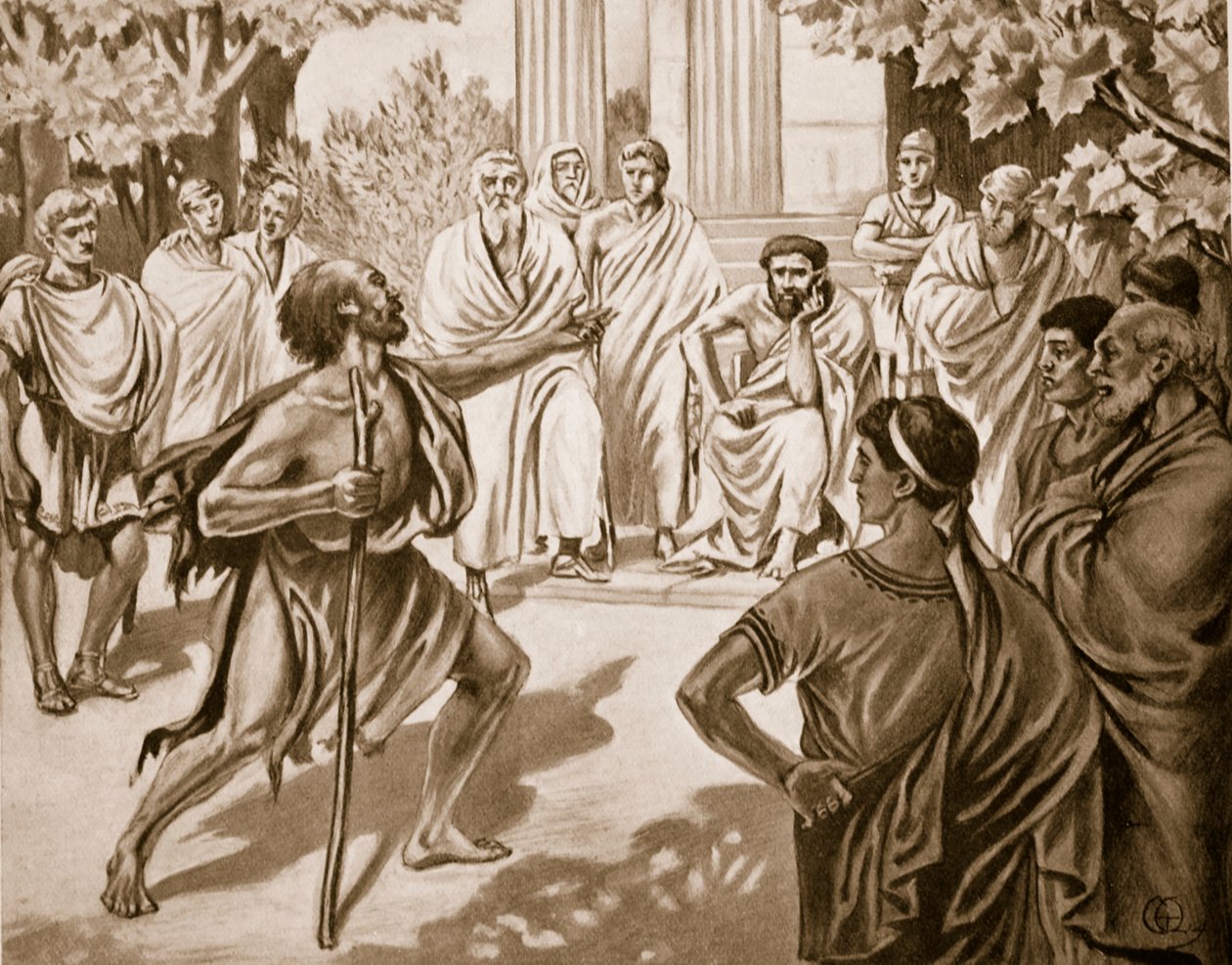 Diogenes og Platon, illustrasjon fra Hutchinsons History of the Nations, 1915 av C. Titus