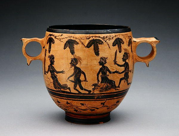 Skyphos med parodiscener, ca. 430-410 f.Kr. (keramikk) (se også 307555) av Cabirian