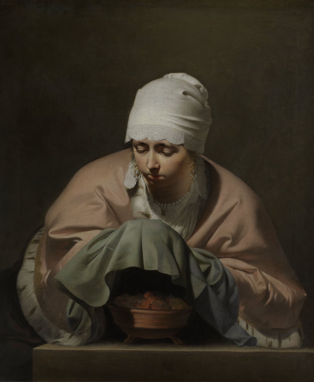 Ung kvinne som varmer hendene over en brazier av Cesar Boetius van Everdingen