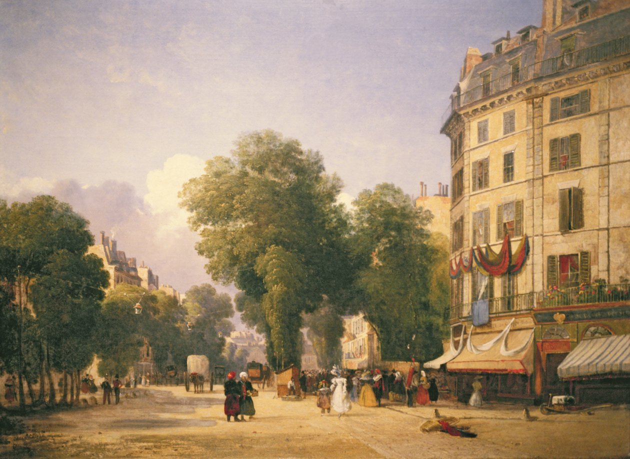 Boulevard des Capucines på hjørnet av Rue de la Paix (nå Place de lOpera), Paris, 1829 av Caleb Robert Stanley