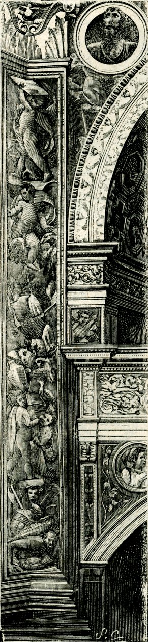 Pilasterremse dekorert av Callisto Piazza (ca 1500-1561 eller 1562), Tempio Civico della Beata Vergine Incoronata (tempel for den hellige jomfru Maria kronet), Lodi, Lombardia, Italia, tresnitt av Callisto Piazza