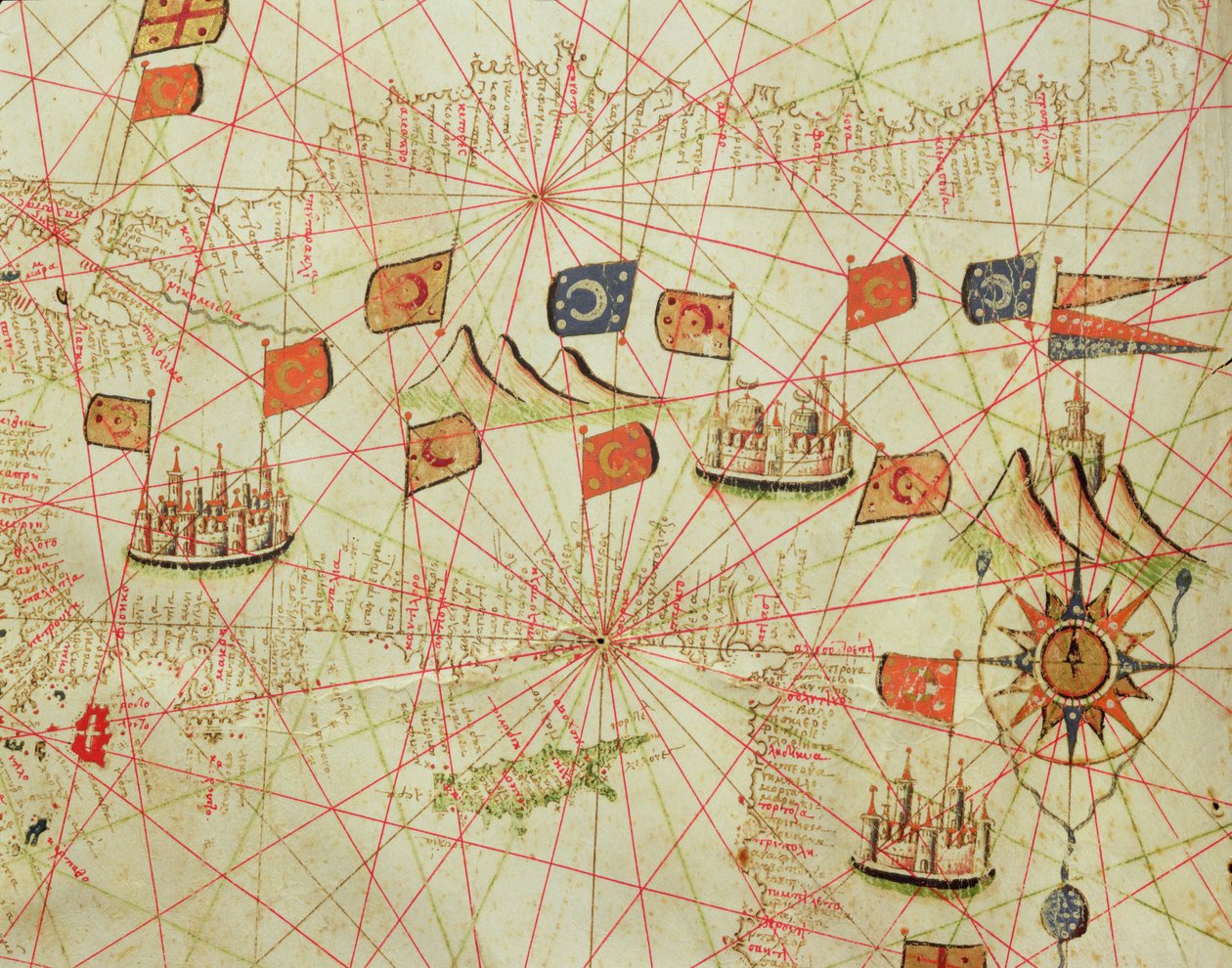 Kysten av Tyrkia og Kypros, fra et nautisk atlas over Middelhavet og Midtøsten (blekk på vellum) av Calopodio da Candia