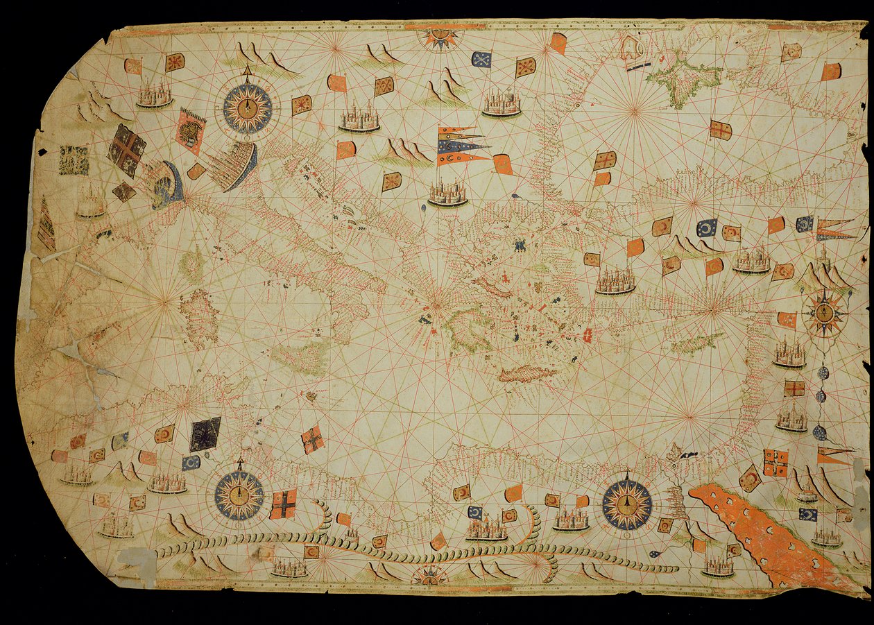 Hele middelhavsbassenget, fra et sjøkart (blekk på vellum) av Calopodio da Candia