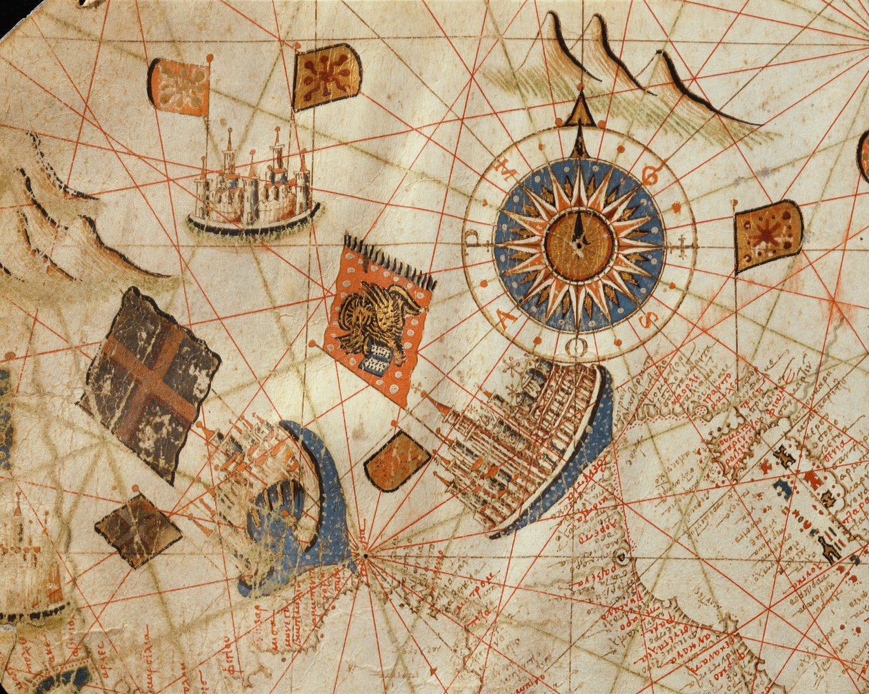 De maritime byene Genova og Venezia, fra et nautisk atlas over Middelhavet og Midtøsten (blekk på vellum) av Calopodio da Candia