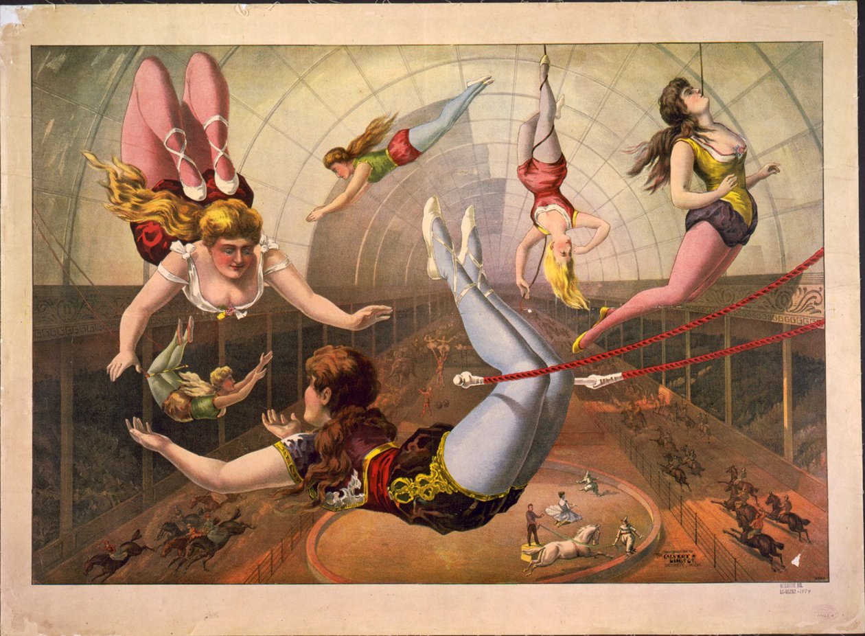 Kvinnelige akrobater på trapeser på sirkus, ca. 1890 av Calvert Litho. Co.