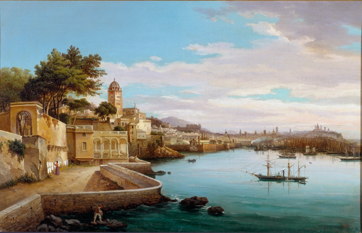 Utsikt over havnen i Genes (Utsikt over havnen i Genova, Italia) Maleri av Cambiaso (1800-tallet) Genes, Galleria d