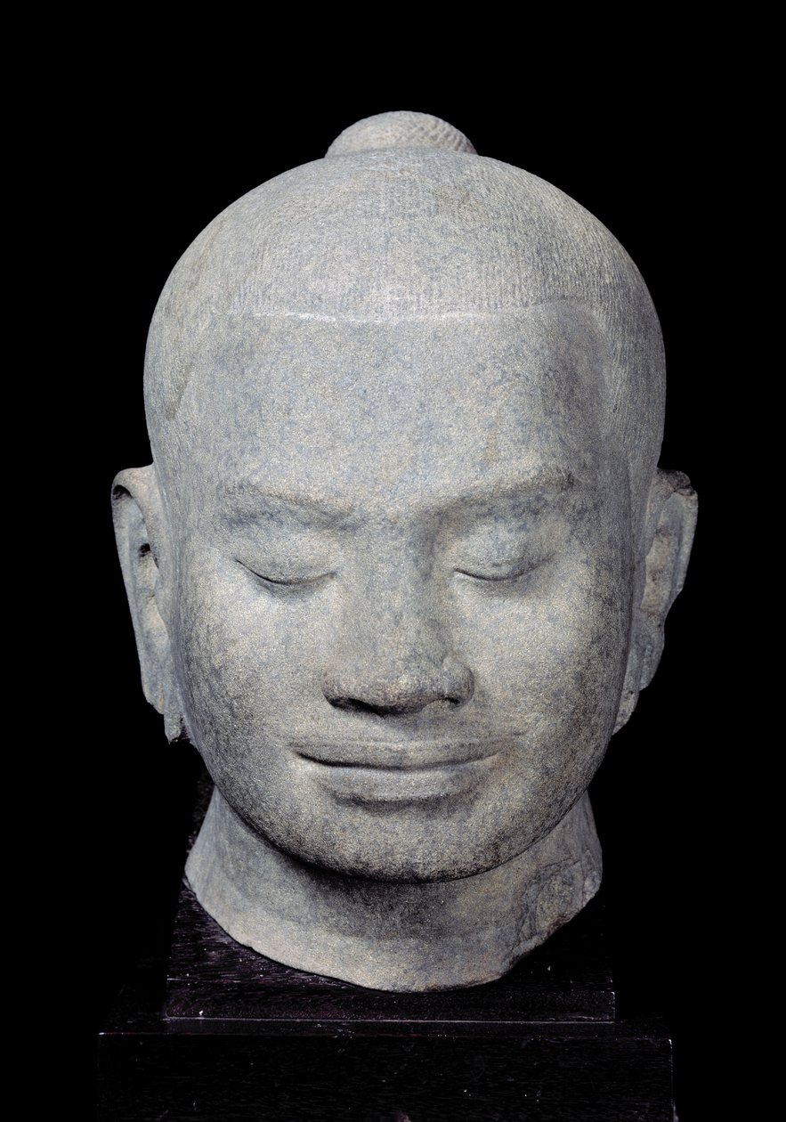 Overhode for kong Jayavarman VII (1181-1218) Bayon Style, fra Preah Khan, 1100-1200-tallet (sandstein) av Cambodian School