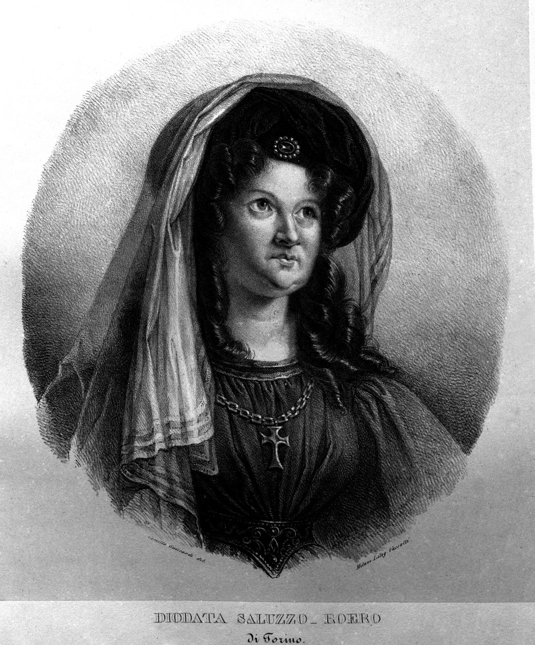 Portrett av dikterkvinnen Diodata Saluzzo-Roero (Saluzzo Roero) (1775-1840). Litografi av Camilla Guiscardi av Camilla Guiscardi