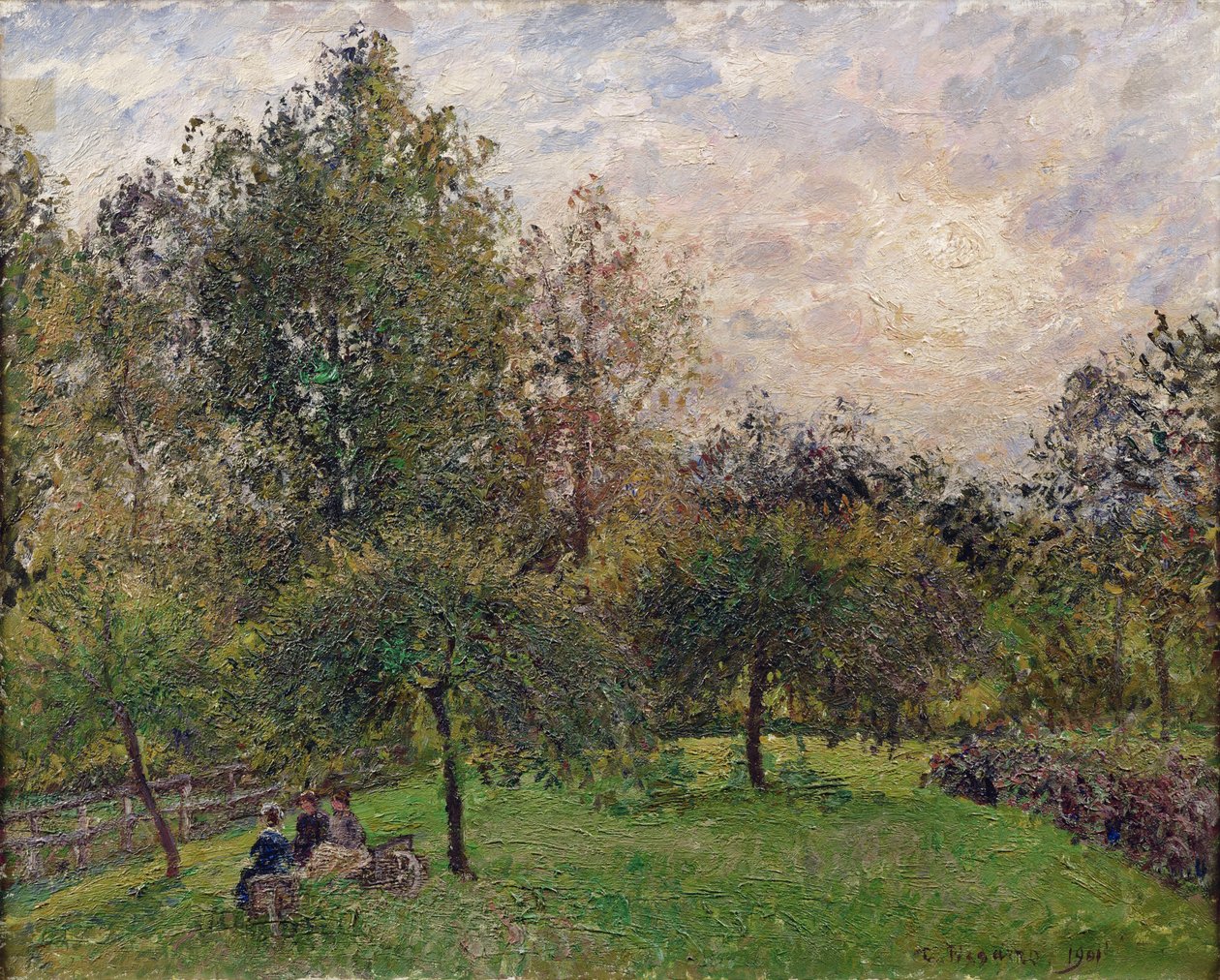 Epletrær og poppel i solnedgangen, 1901 av Camille Jacob Pissarro
