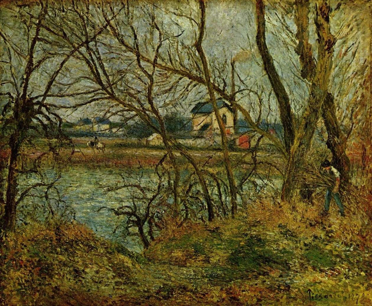 Banks of the Oise, nær Pontoise, gråvær av Camille Jacob Pissarro