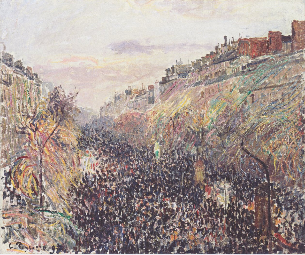 Boulevard Montmartre, fastelavn, ved solnedgang av Camille Jacob Pissarro