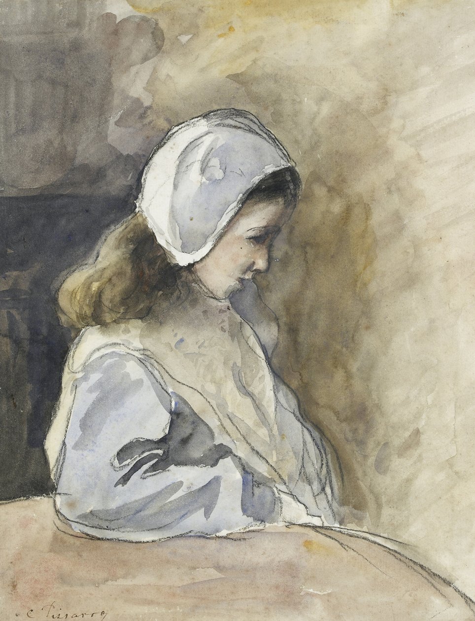 Jeanne-Rachel Pissarro sittende ved et bord, ca. 1872 (akvarell over svart kritt) av Camille Jacob Pissarro