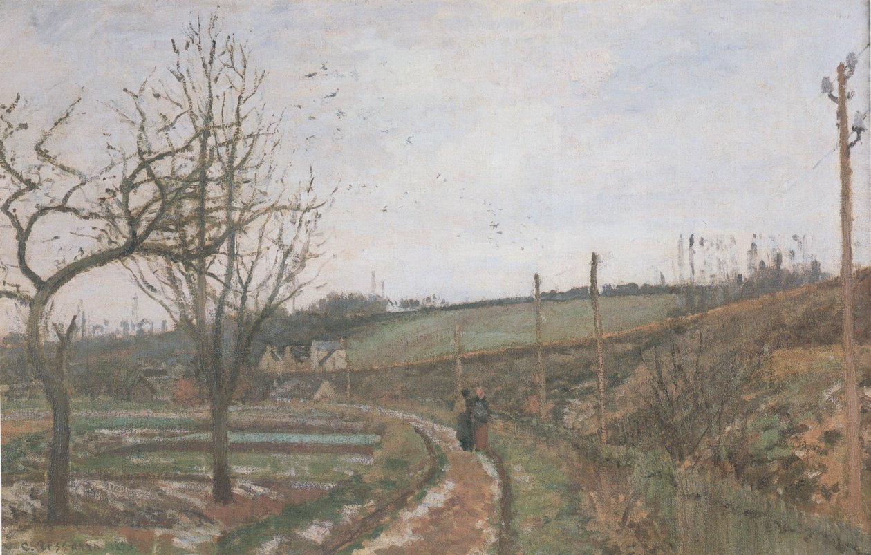 The Road by Railroad Snow Effect av Camille Jacob Pissarro