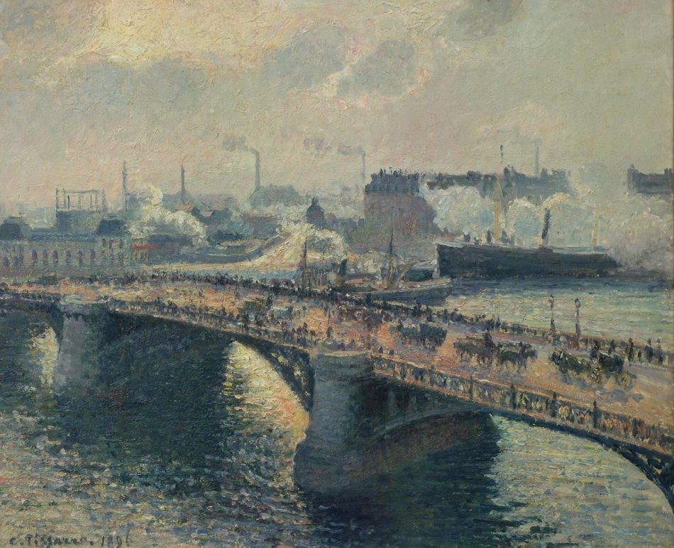 Boieldieu -broen i Rouen, solnedgang, tåkete av Camille Jacob Pissarro
