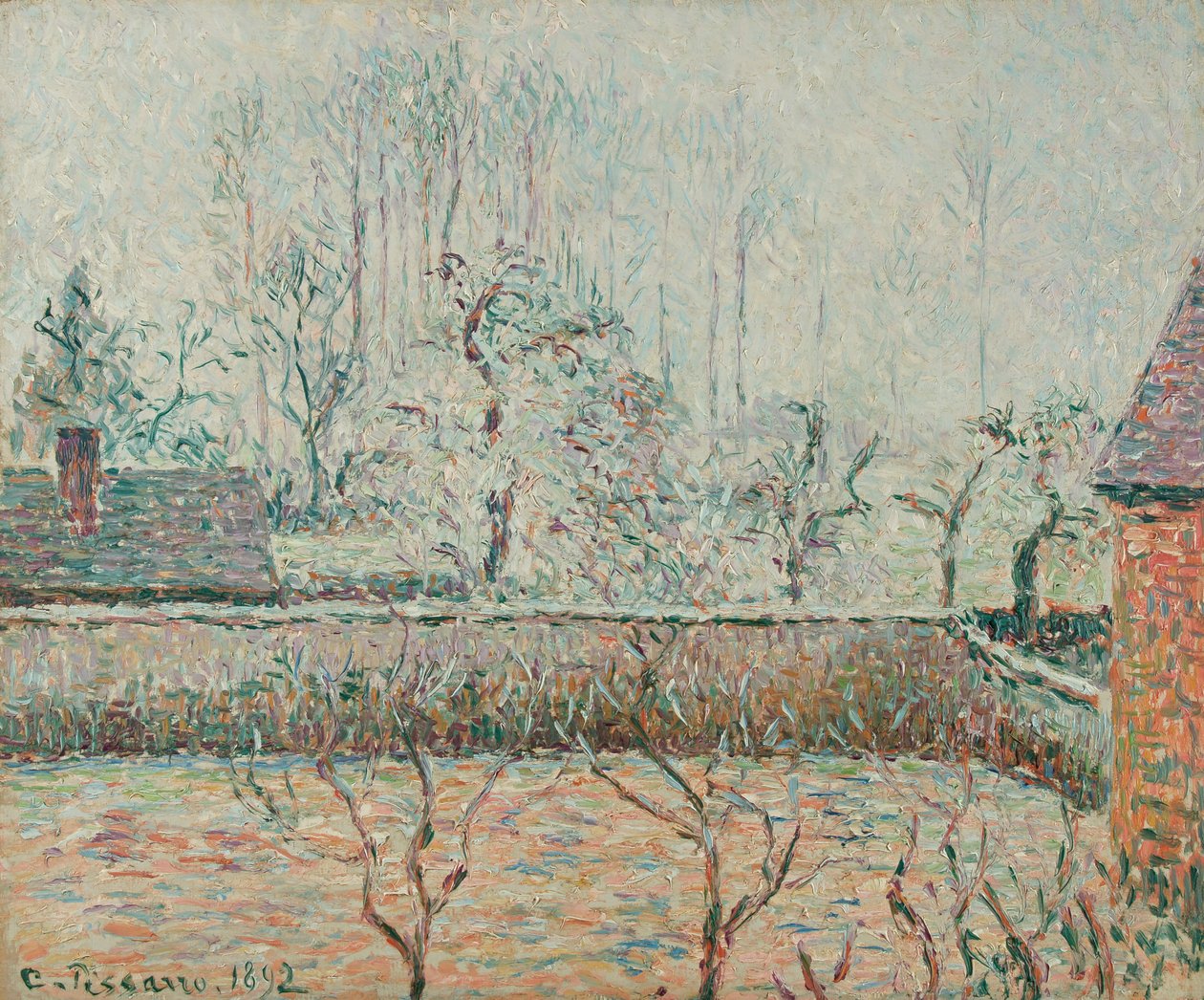 Landskap med hus og gjerdevegg, frost og tåke (1892) av Camille Jacob Pissarro