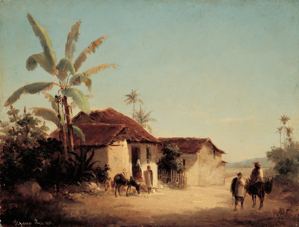 Landskap med hytter og palmer av Camille Jacob Pissarro