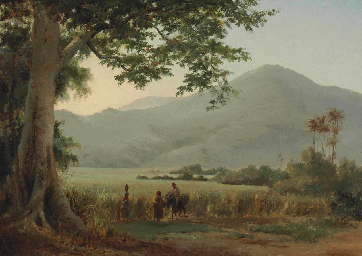 Karakterer som diskuterer ved siden av en bane av Camille Jacob Pissarro