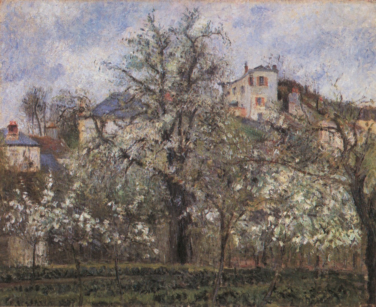 Grønnsakshage og blomstrende trær, vår, Pontoise av Camille Jacob Pissarro