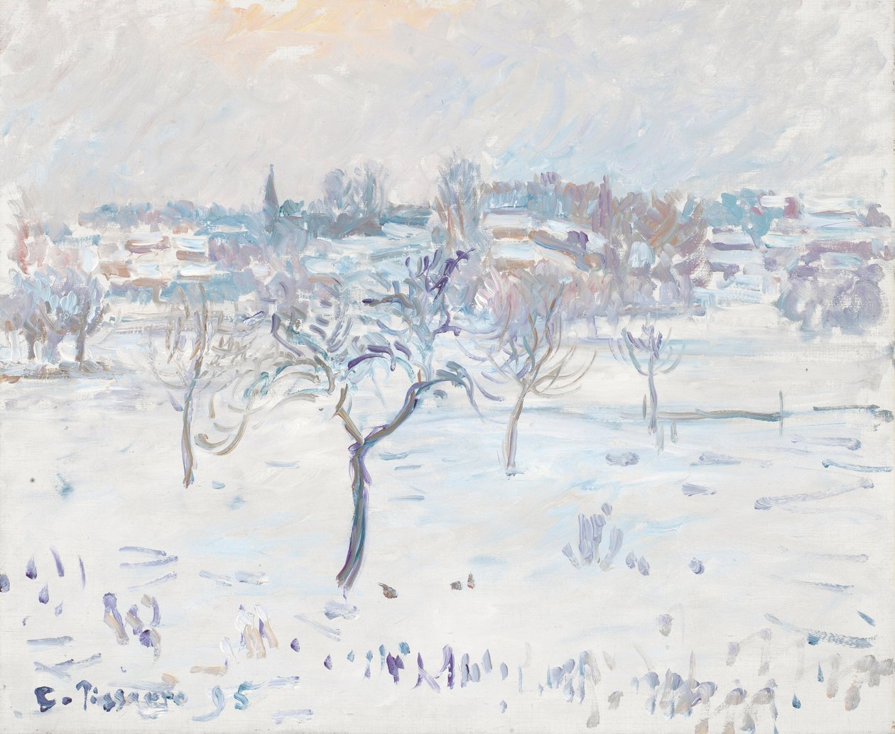 Snølandskap ved Eragny med et epletre, 1895 av Camille Jacob Pissarro