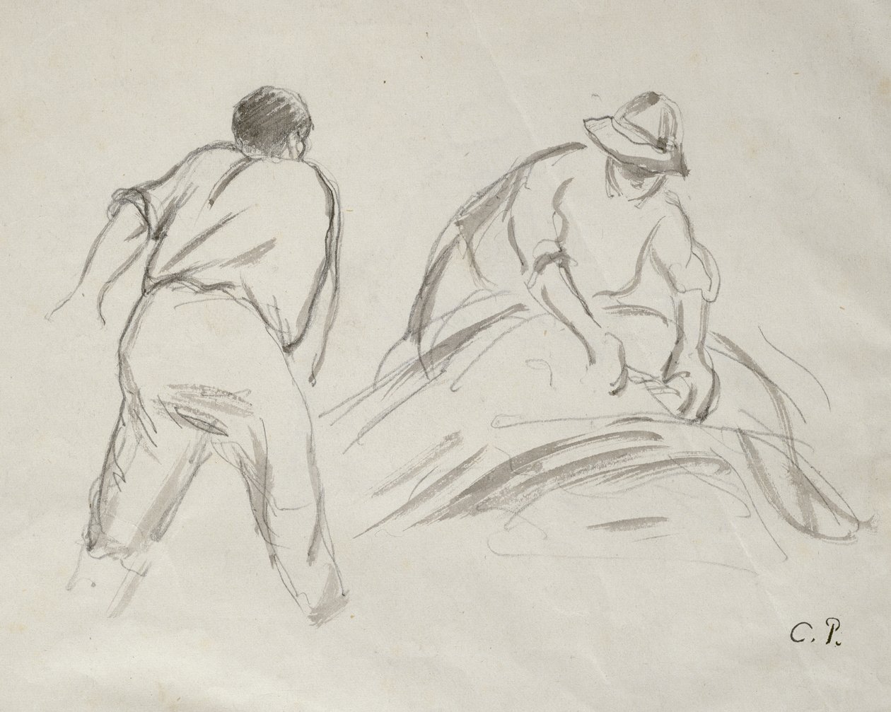 Studier av en mannlig og en kvinnelig høster (grå vask over blyant på papir) av Camille Jacob Pissarro