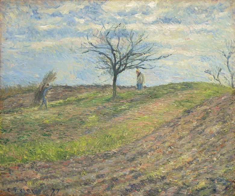 Pløyet land om vinteren, med en mann som hadde en bunt 484 av Camille Jacob Pissarro