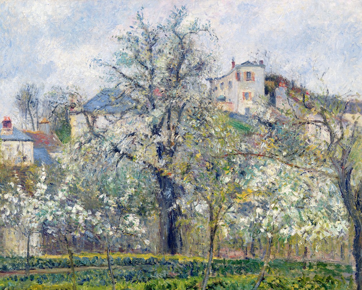Grønnsakshagen med trær i blomst, vår, Pontoise, 1877 av Camille Jacob Pissarro