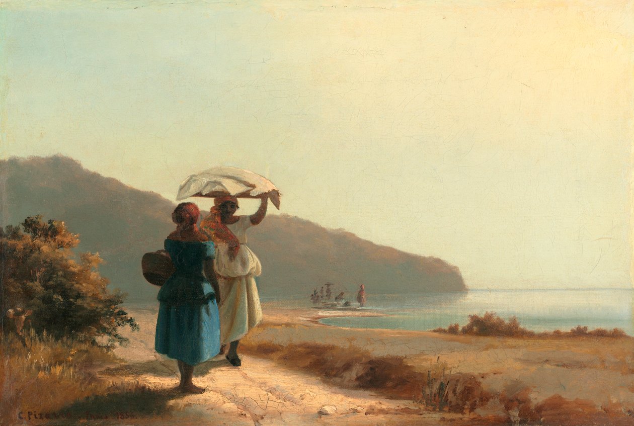 To kvinner som chatter ved sjøen av Camille Jacob Pissarro