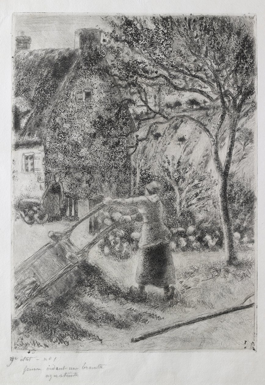 Kvinne som tømmer en trillebår, 1880 (tørrpunkt, akvatint, sandpapir og etsning med åpen bitt) av Camille Jacob Pissarro