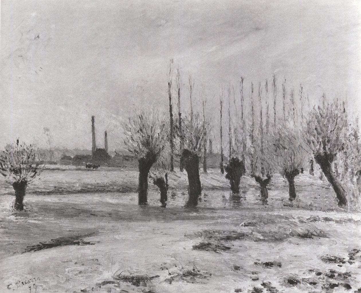 Banks of the Oise at Pontoise, Effect of Snow av Camille Jacob Pissarro