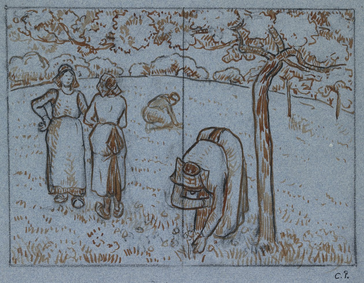 Komposisjonsstudie av fire kvinnelige bønder som arbeider i en frukthage ("våren"), ca. 1894 (rød-brunt og indisk blekk over trekull på blått papir) av Camille Jacob Pissarro