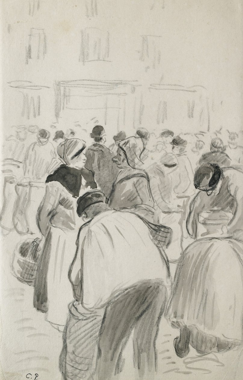 Komposisjonsstudie av markedet i Pontoise, 1881 (svart kritt og grå vask) av Camille Jacob Pissarro