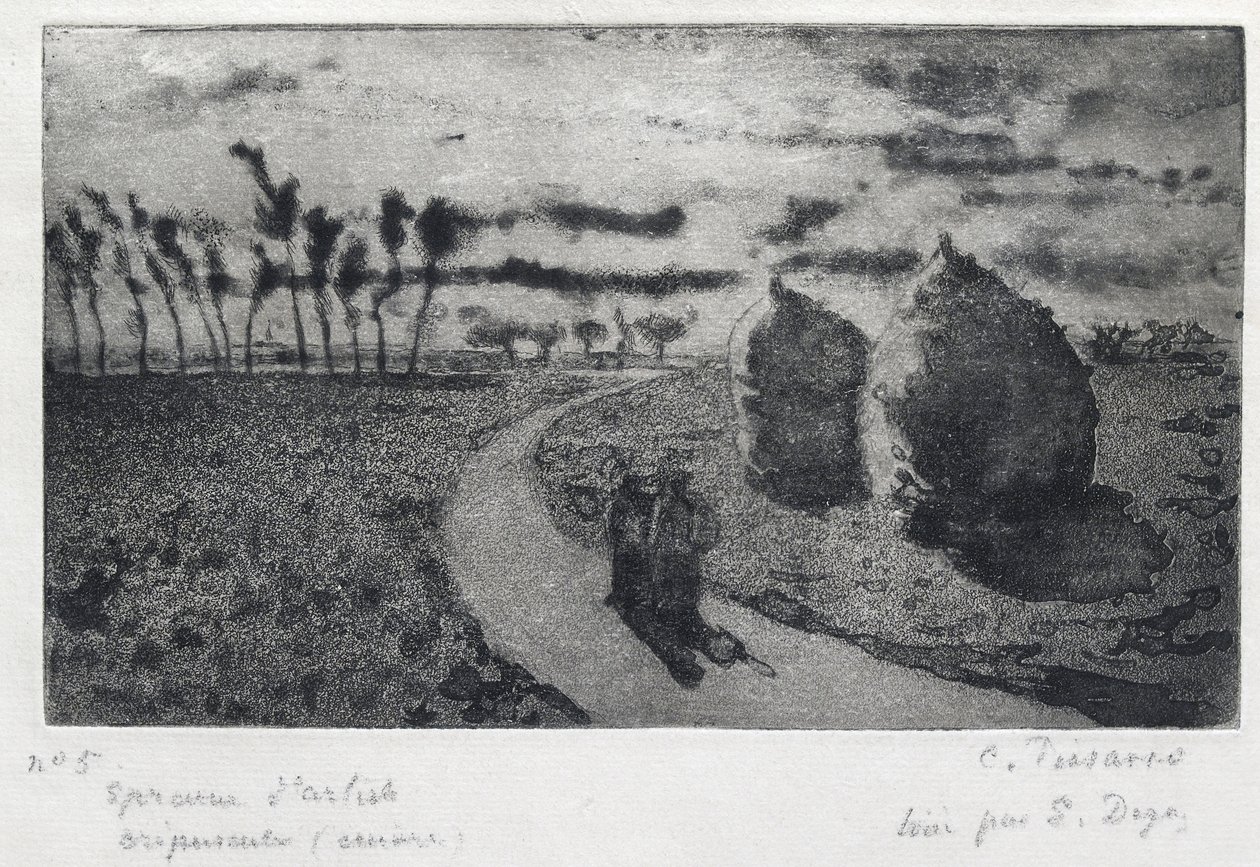 Twilight (med Meules), 1879 (etsing, aquatint, drypoint og sandpapir) av Camille Jacob Pissarro