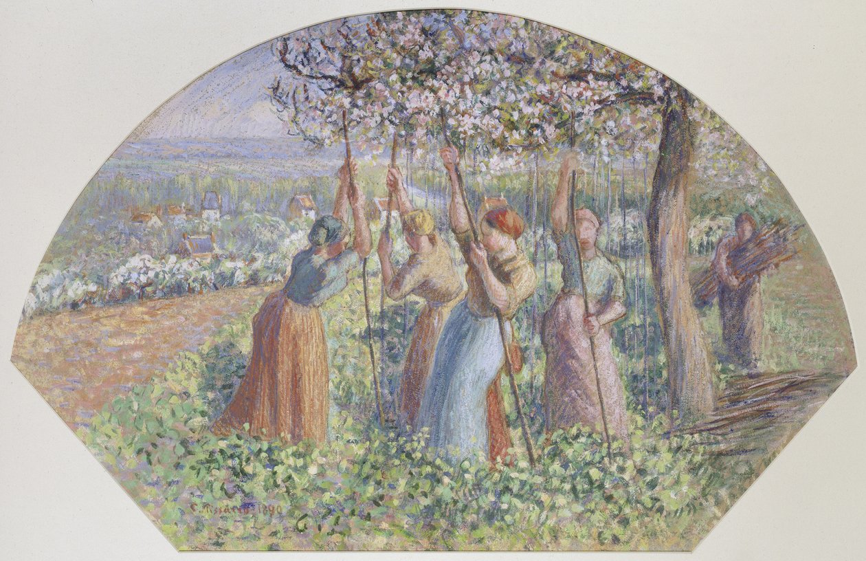 Design for en fan: The Pea Stakers, 1890 (gouache over svart kritt på grovt brunt papir) av Camille Jacob Pissarro