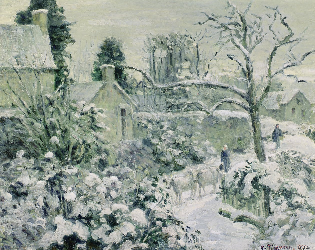 Effekten av snø med kyr ved Montfoucault, 1874 (olje) av Camille Jacob Pissarro