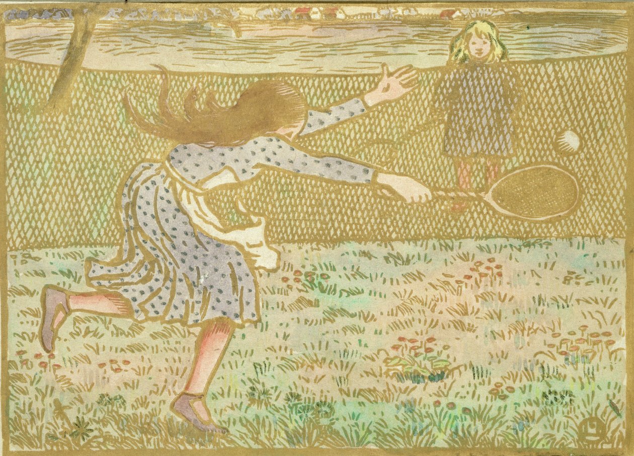 Girls Playing Tennis, fra 'Woodcuts in Line and Colours', gravert av Lucien Pissarro (1863-1944) utgitt London 1891 av Camille Jacob Pissarro