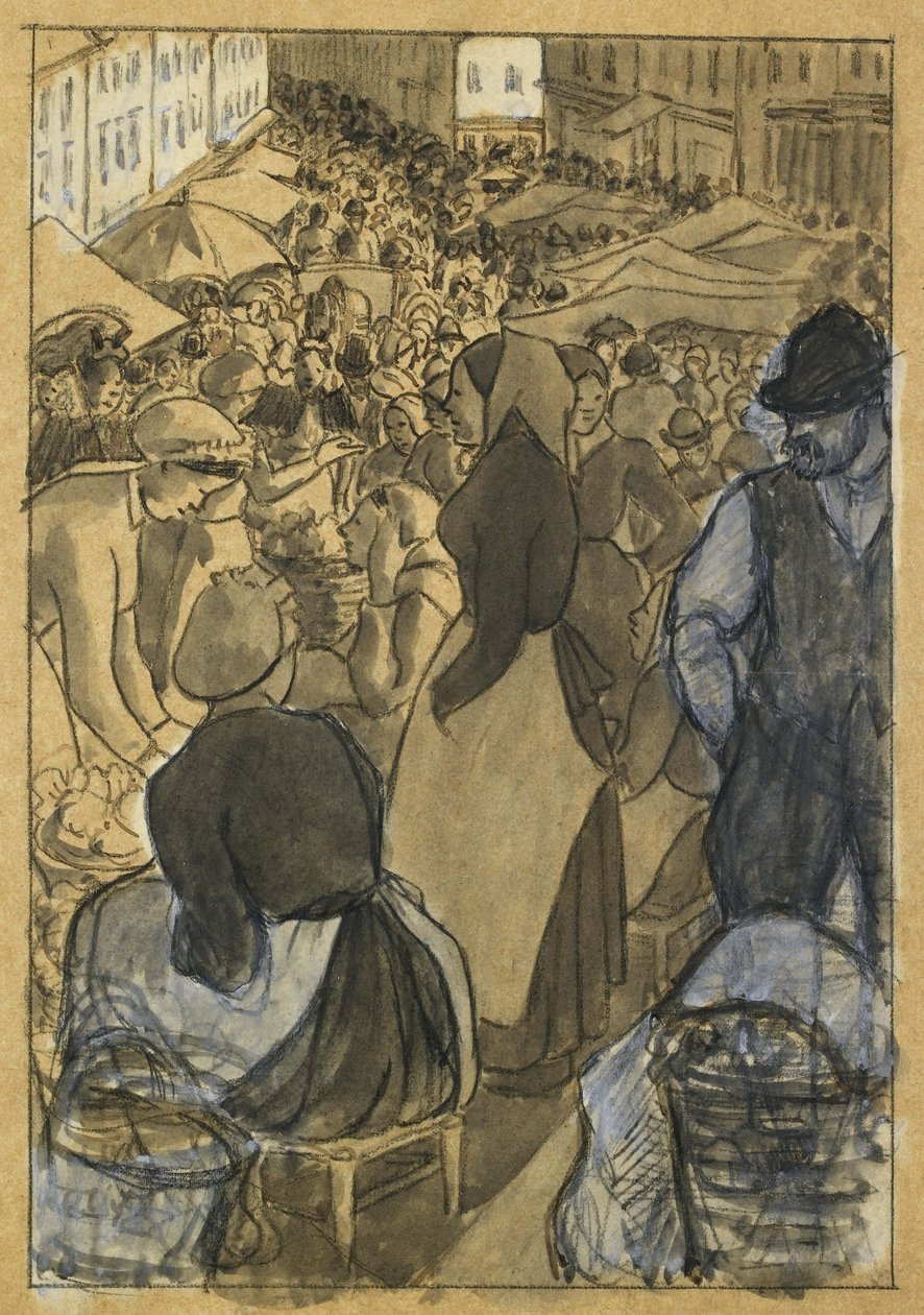 Markedsscene (svart fargestift med penn og svart blekk, grå vask og hvit kroppsfarge på kalkerpapir, lagt ned på stivt hvitt papir) av Camille Jacob Pissarro